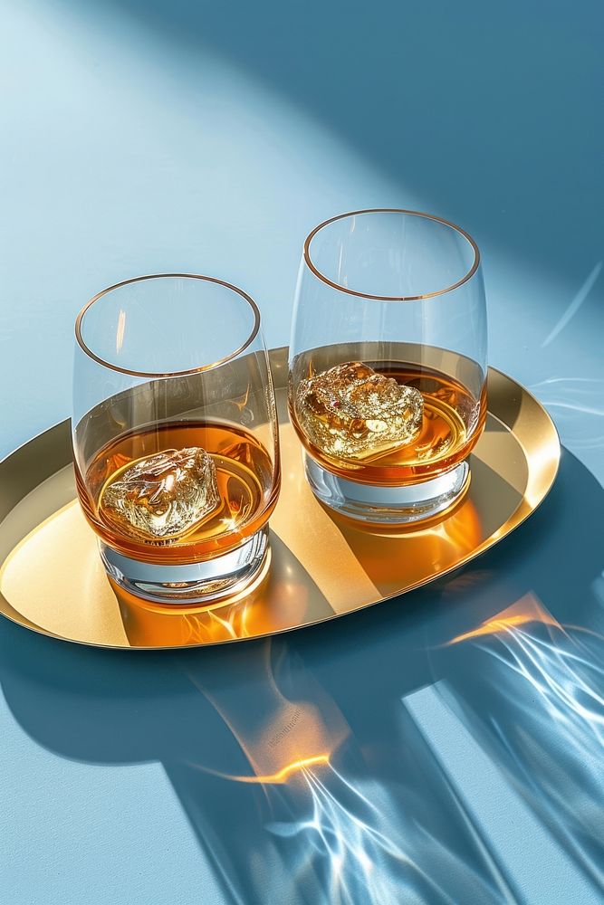 2 glasses whisky serving on a gold oval plate drink refreshment stemware.