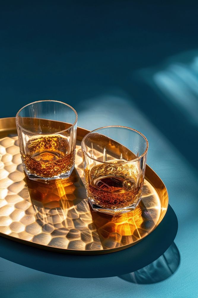 2 glasses whisky serving on a gold oval plate drink blue refreshment.
