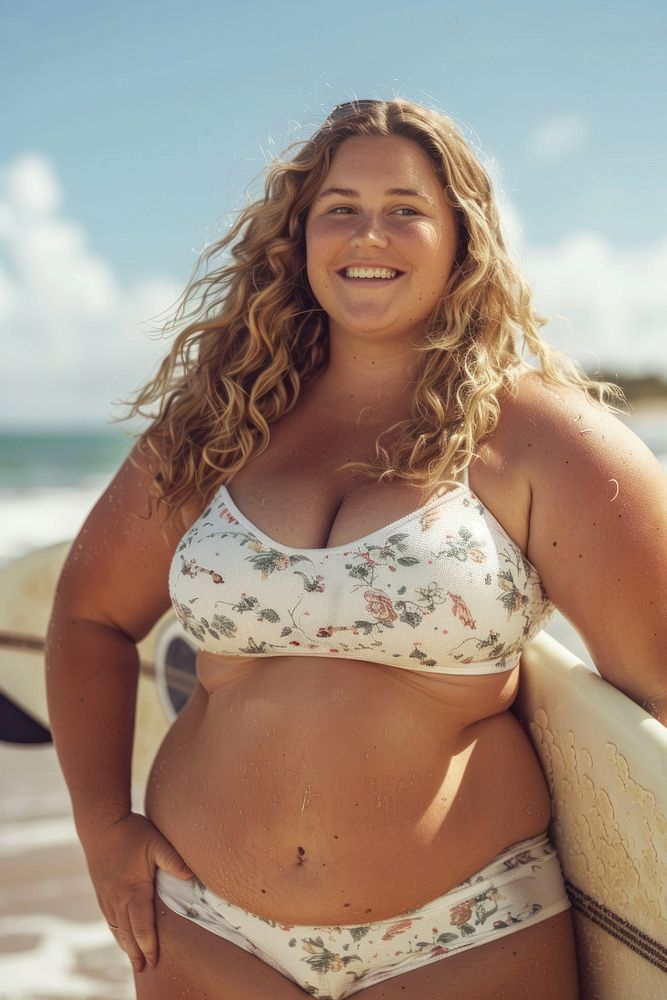 Happy chubby woman hold surfboard at the beach swimwear bikini adult.