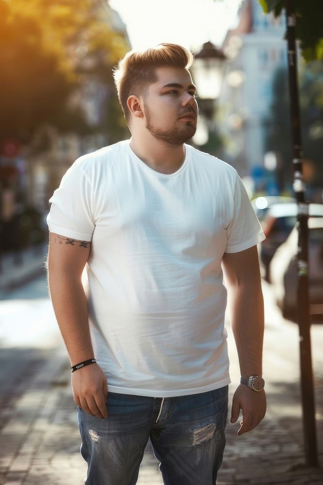 Chubby male model t-shirt adult white.