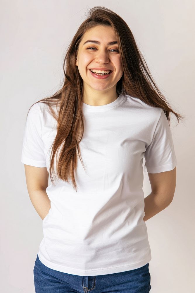 Female model laughing t-shirt blouse.