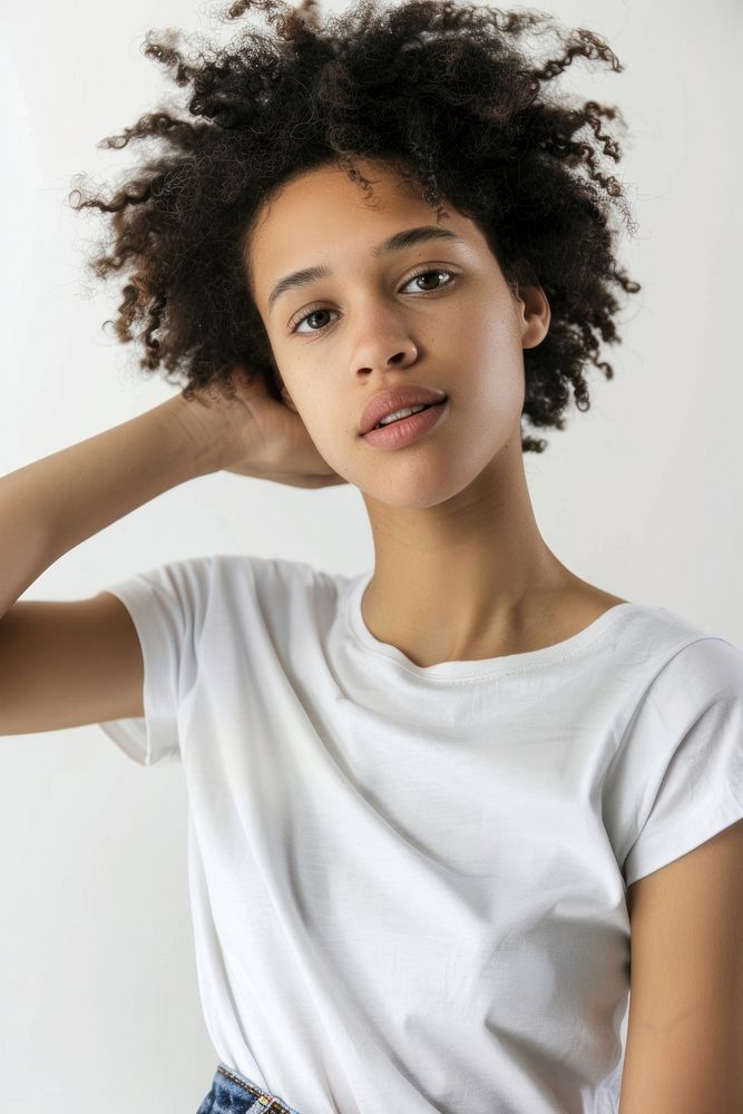 Female model portrait t-shirt white.