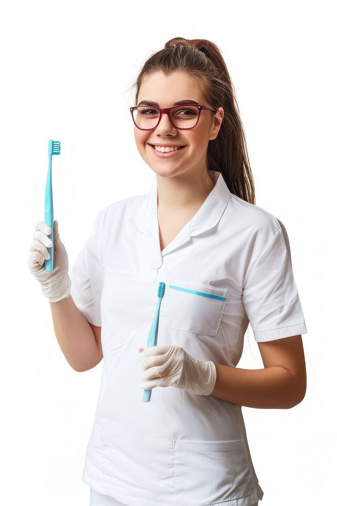 Woman holding toothbrush clothing cleaning apparel.