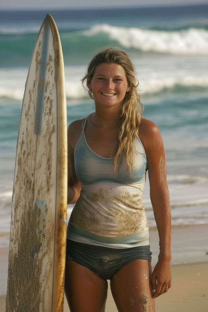Female surfer with a surfboard at the beach outdoors swimwear surfing.