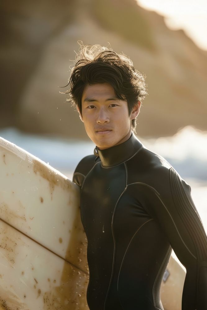 Japanese surfer with a surfboard at the beach outdoors sports nature.