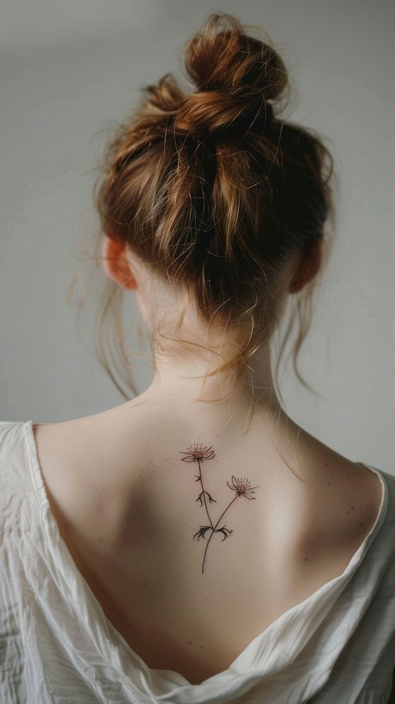 Flower tattoo adult woman back.