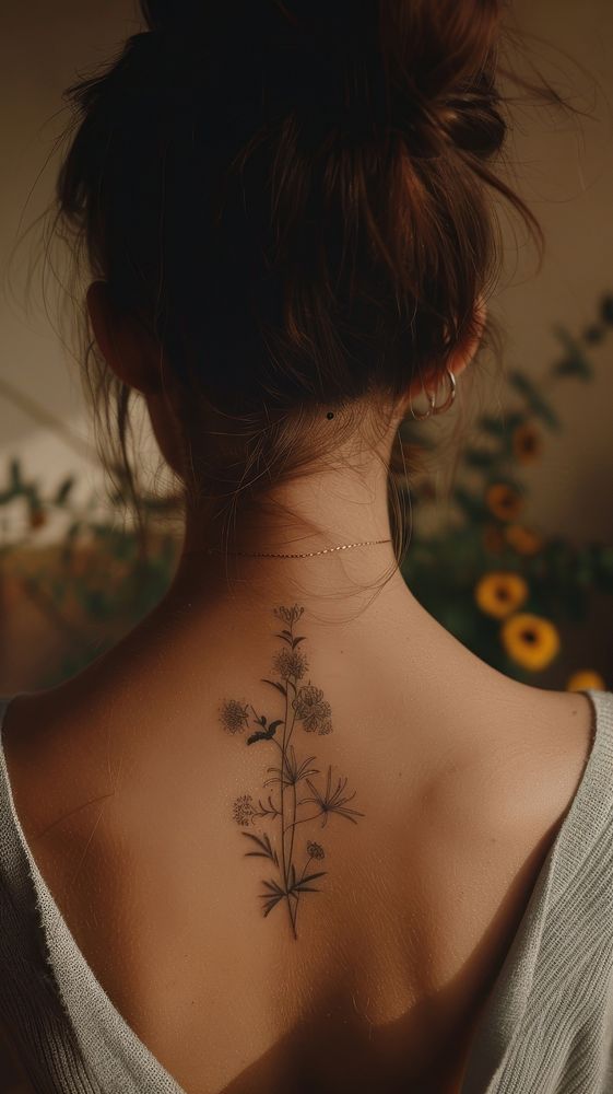 Flower tattoo back skin neck.