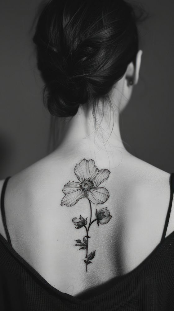 Flower tattoo back neck midsection.
