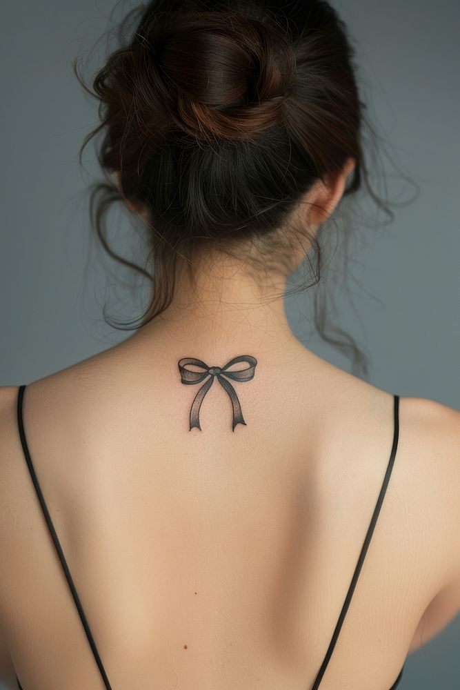 Minimal small bow tattoo on the back of chubby woman adult skin hairstyle.