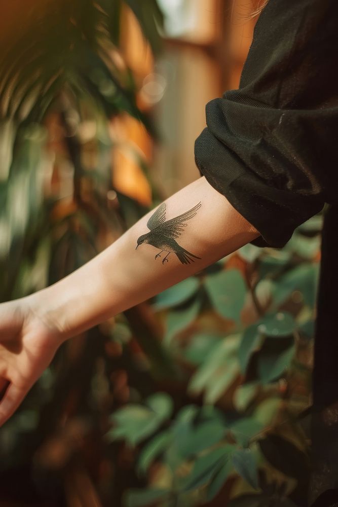 Woman arm with minimal small bird tattoo holding kid adult hand skin.