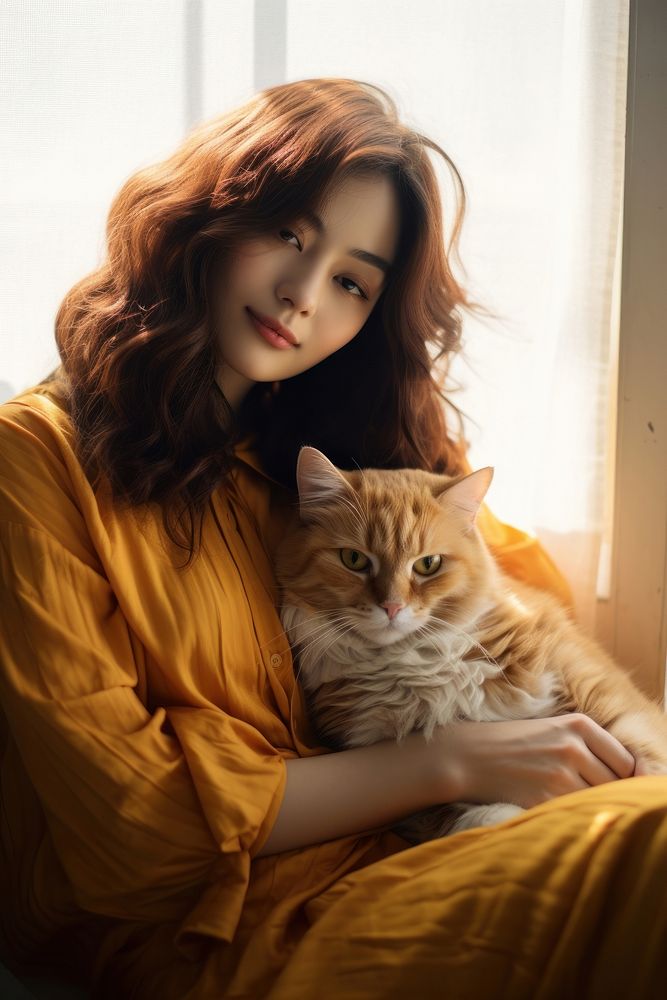 Asian woman cuddle with orange cat portrait animal mammal.