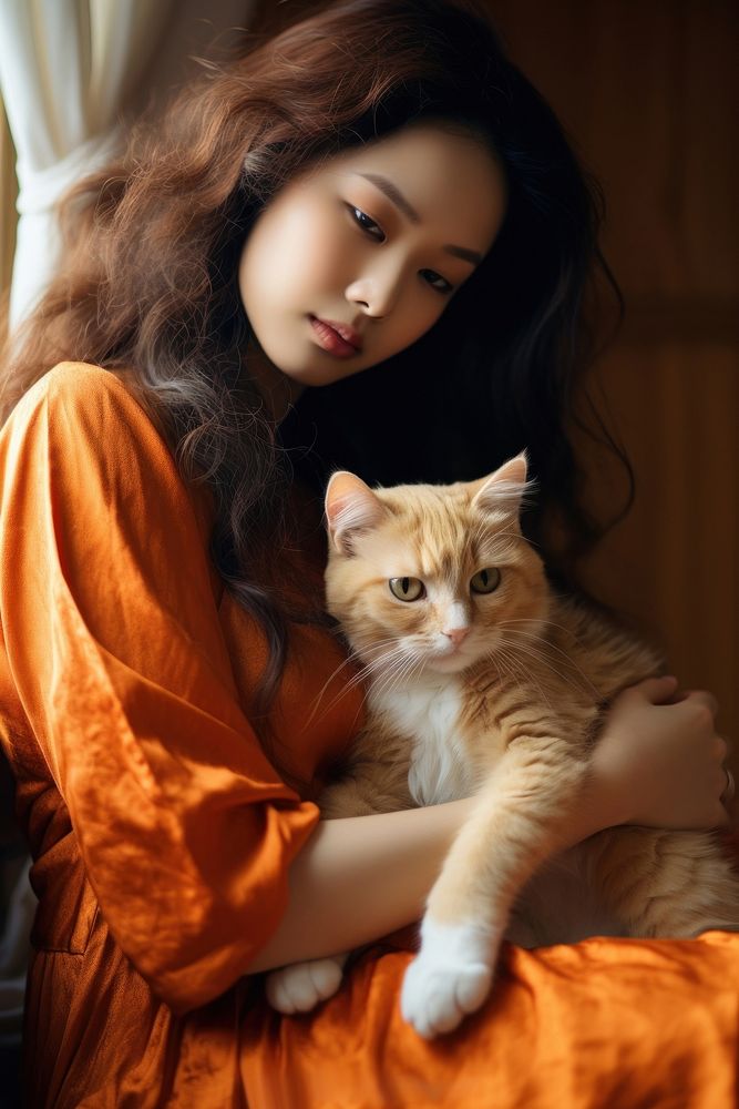 Asian woman cuddle with orange cat portrait mammal animal.