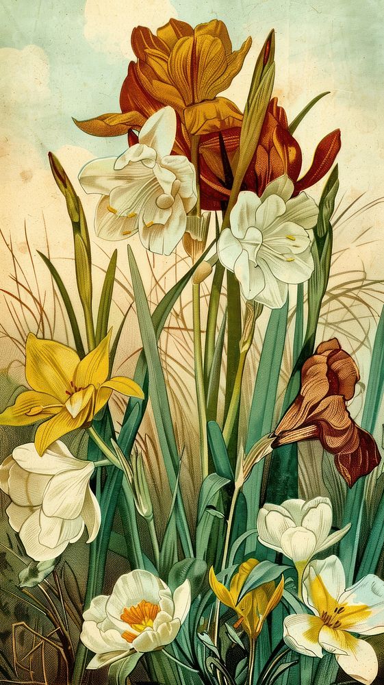 Spring flowers postcard painting daffodil blossom.