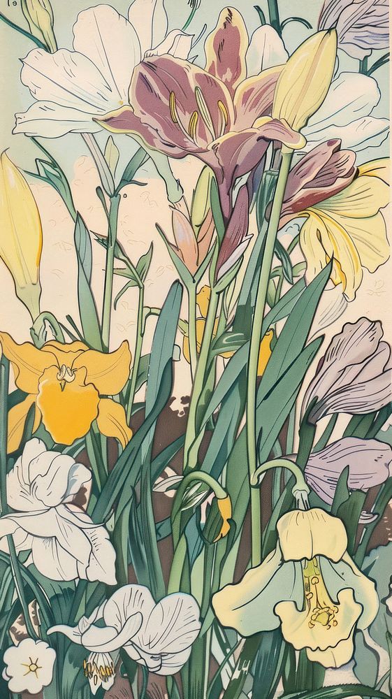 Spring flowers postcard illustrated daffodil painting.