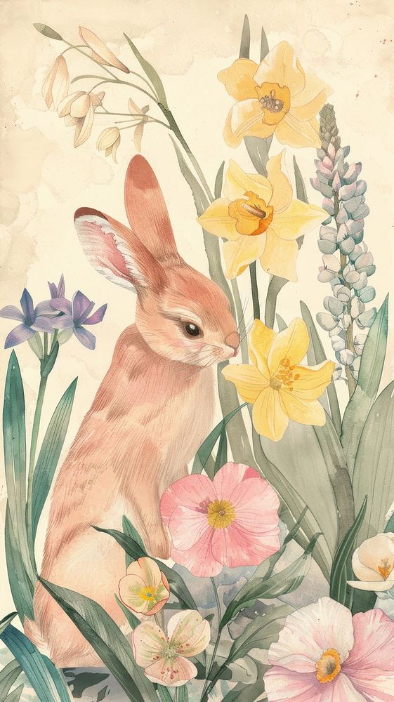Cute animal postcard painting daffodil blossom.