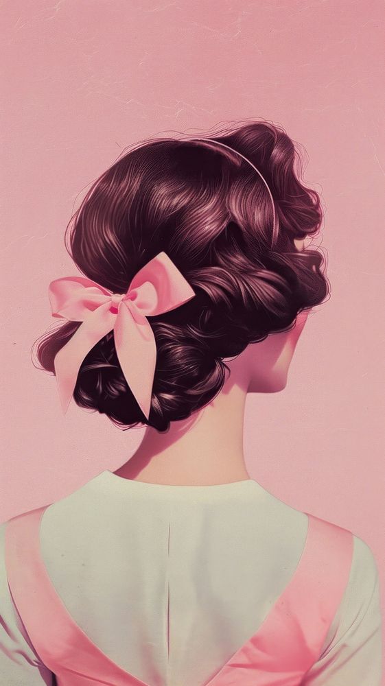 Vintage illustration of ribbon bow hair female person.