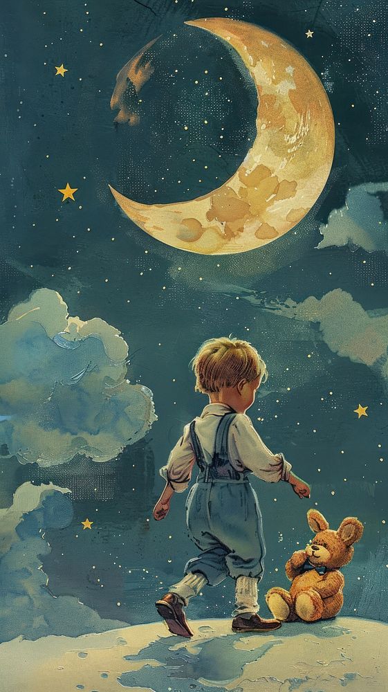 Vintage illustration boy rabbit moon astronomy outdoors.