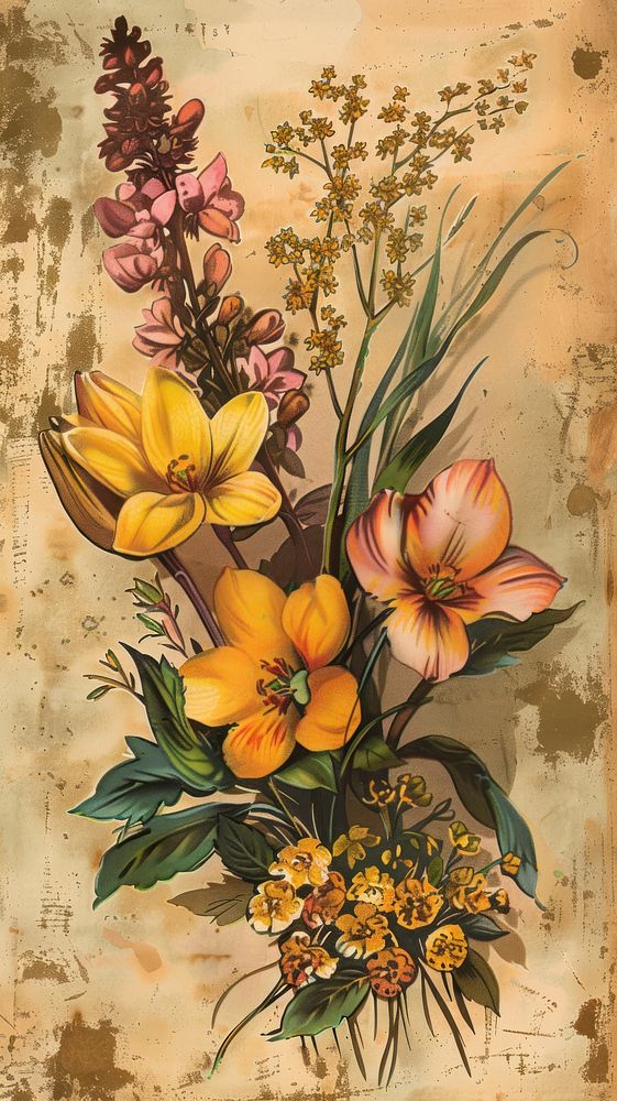 Spring flowers postcard painting graphics pattern.