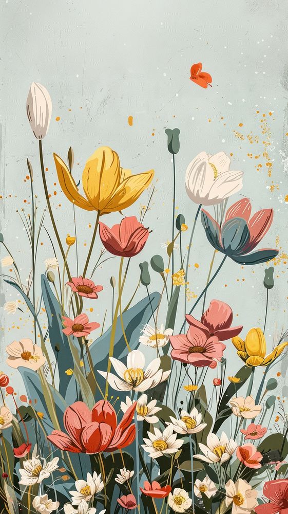 Spring flowers postcard illustrated painting blossom.