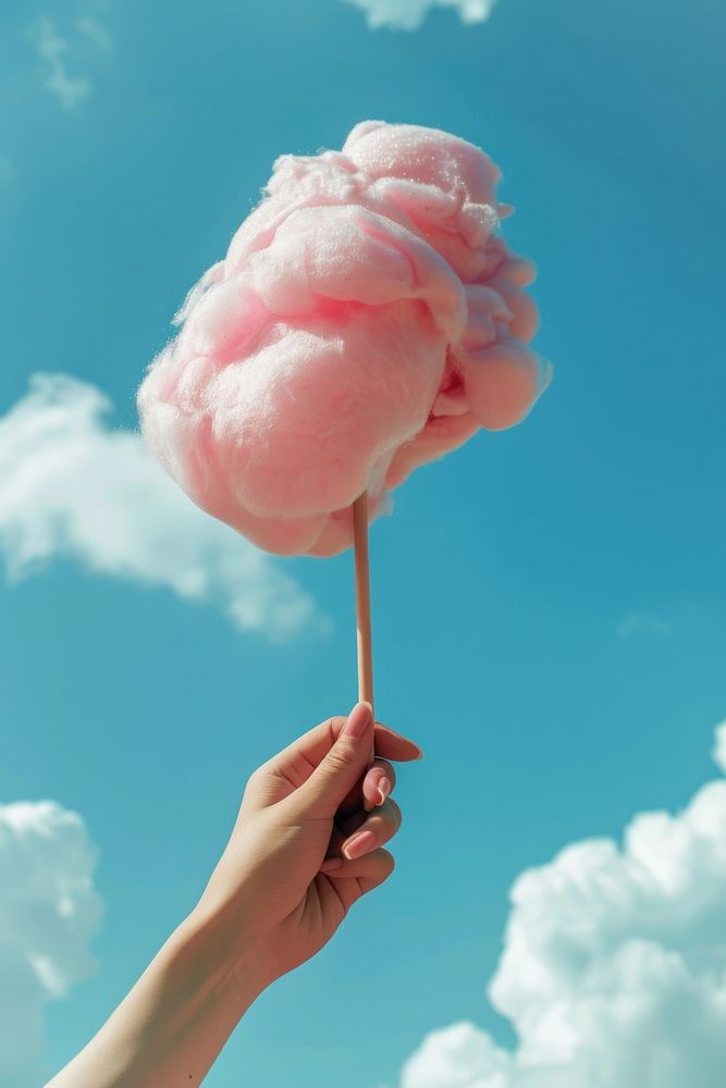 The hand of women holding pink cotton candy in the background of the blue sky confectionery lollipop sweets.