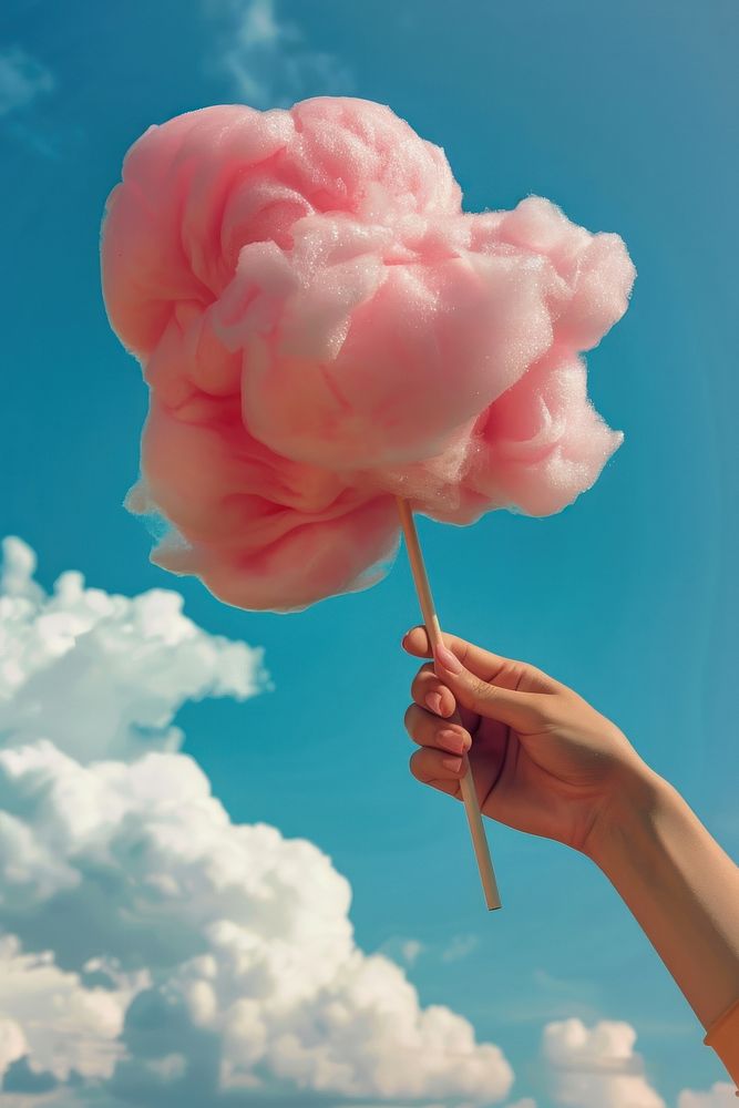 The hand of women holding pink cotton candy in the background of the blue sky confectionery blossom sweets.