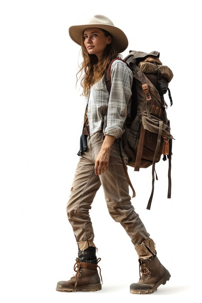 Woman adventure style clothing backpack footwear apparel.