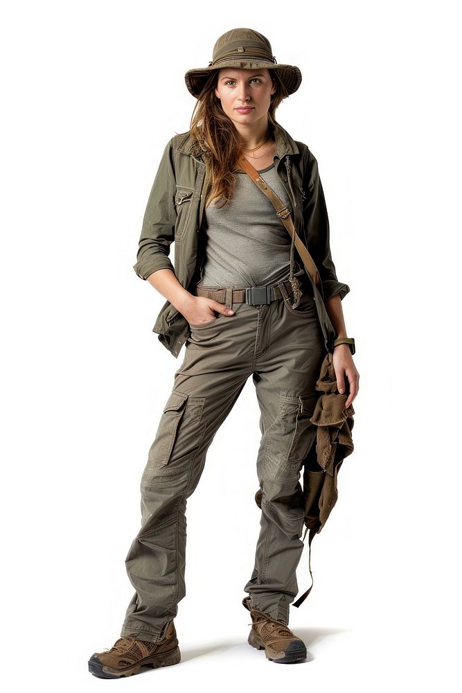 Woman adventure style clothing footwear military apparel.