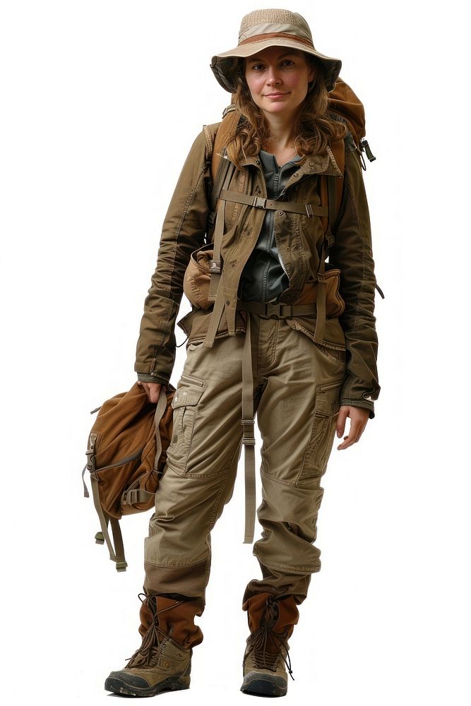 Woman adventure style clothing military overcoat footwear.