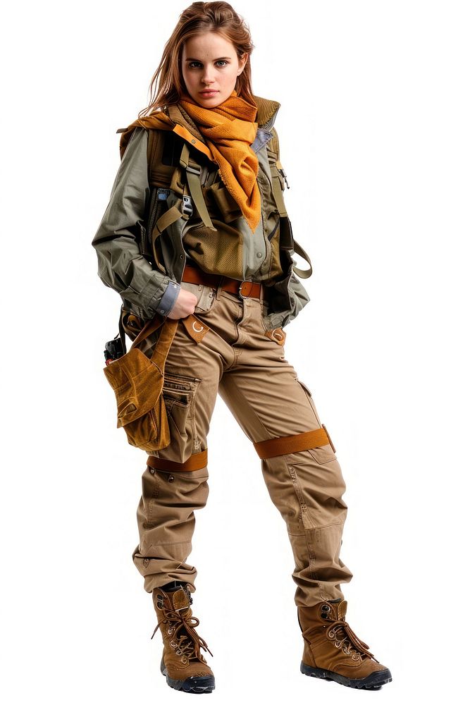 Woman adventure style clothing military apparel costume.