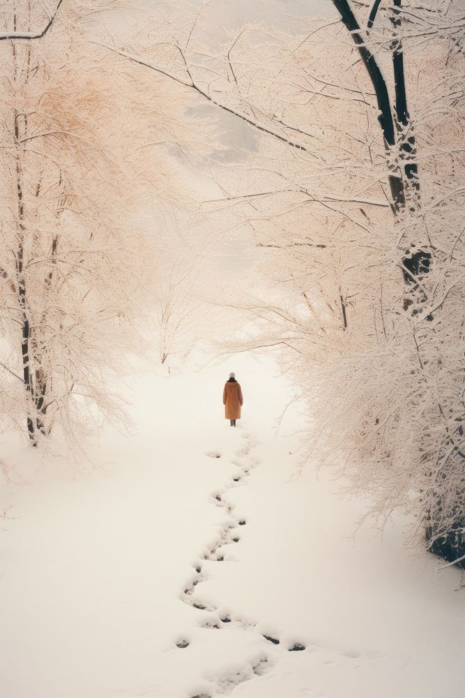 Woman walking in snow landscape outdoors winter.