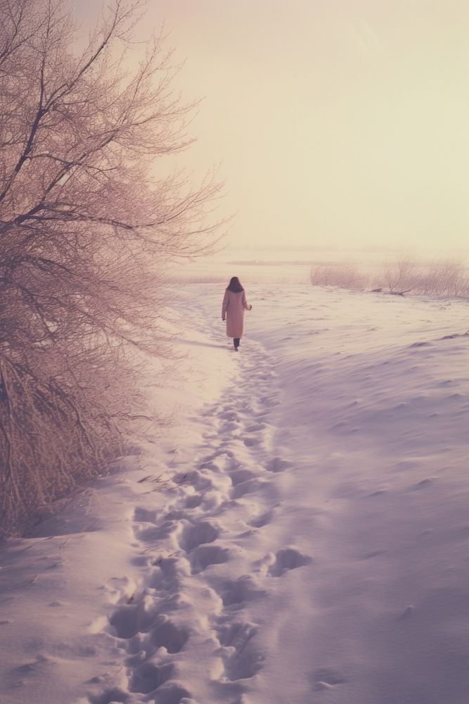 Woman walking in snow landscape photography outdoors.