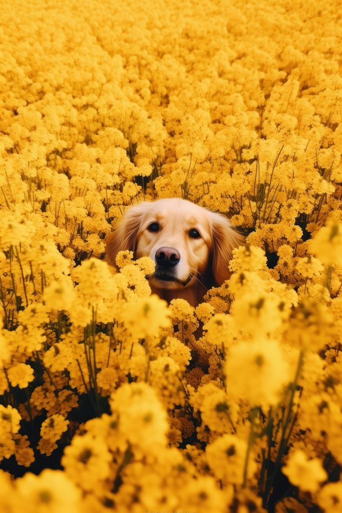 A happy dog flower field outdoors.