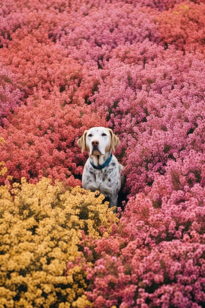 A happy dog flower land photography.