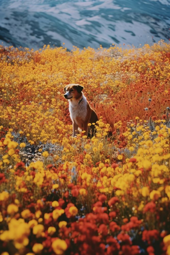 A happy dog landscape flower field.