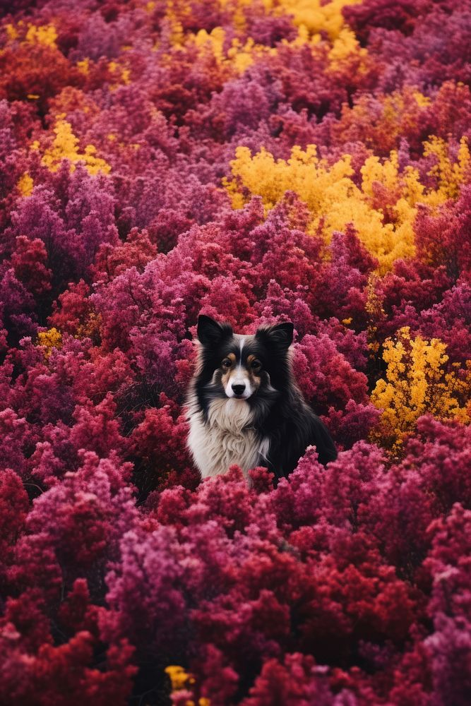 A happy dog flower land landscape.