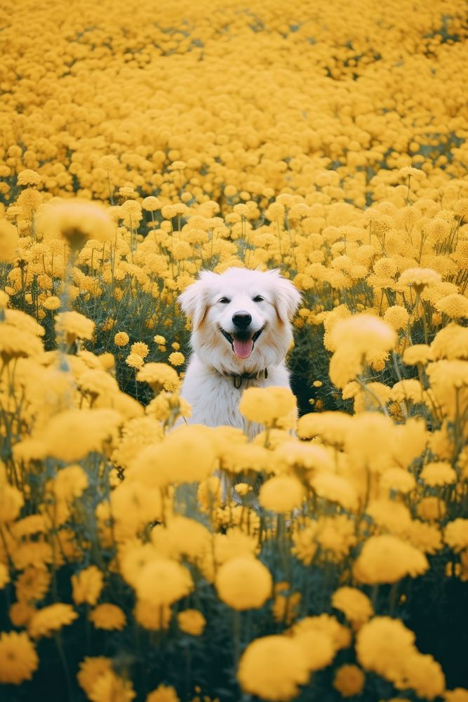A happy dog flower field landscape.