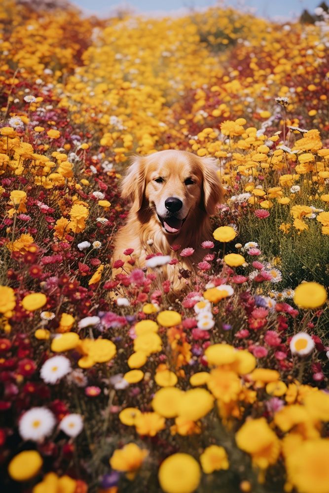 A happy dog flower field photography.