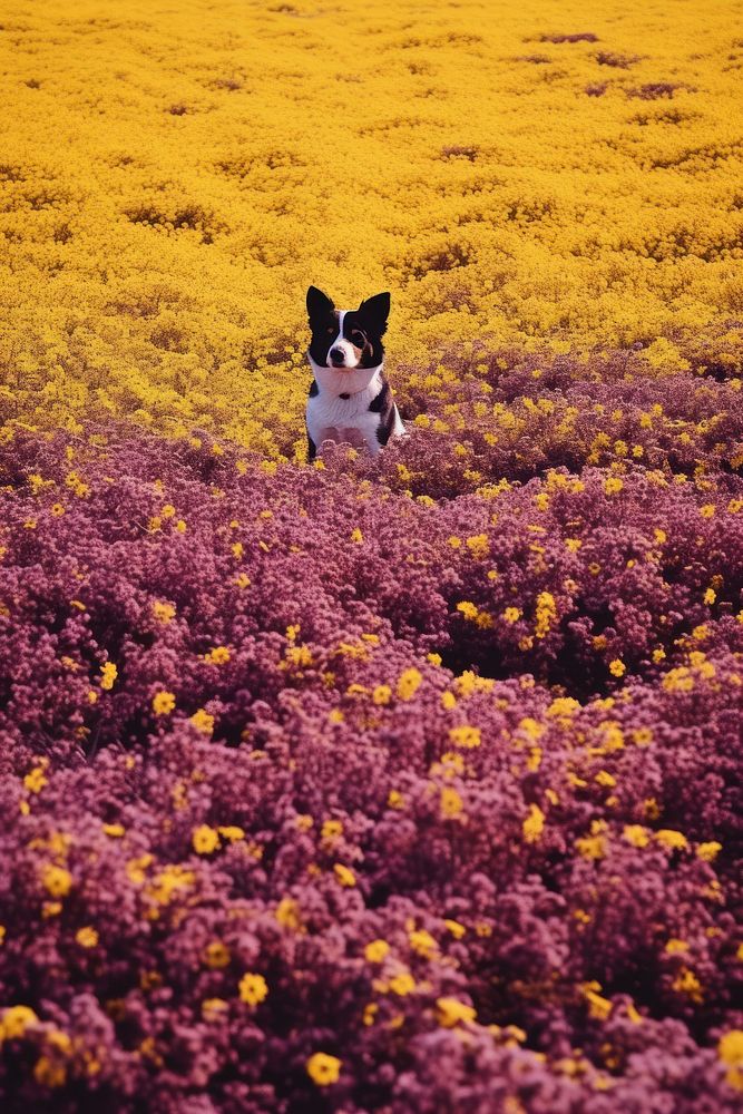 A happy dog flower field landscape.