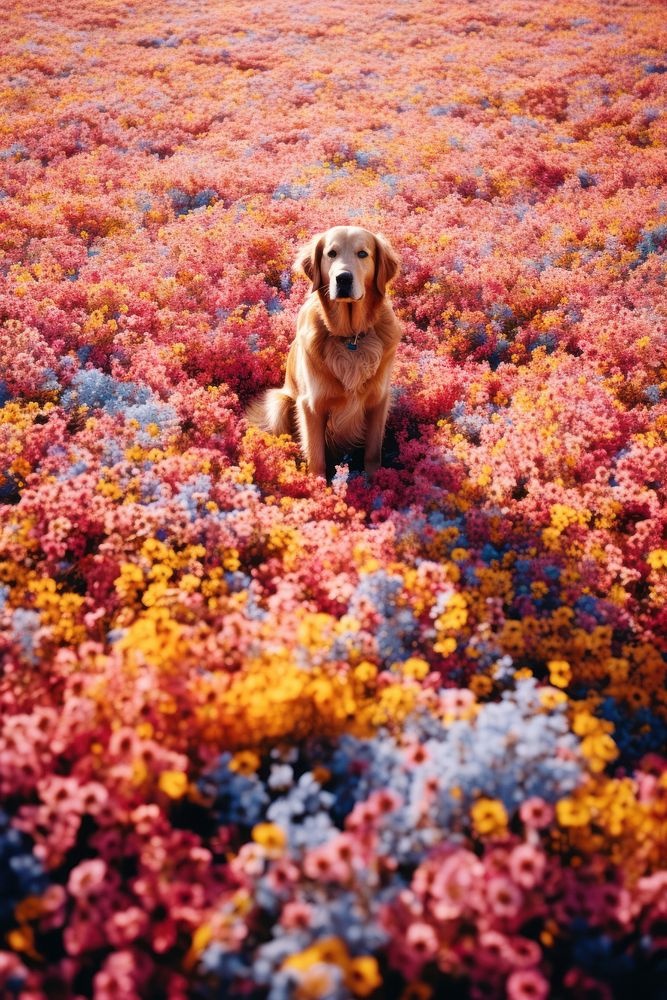 A happy dog flower landscape outdoors.