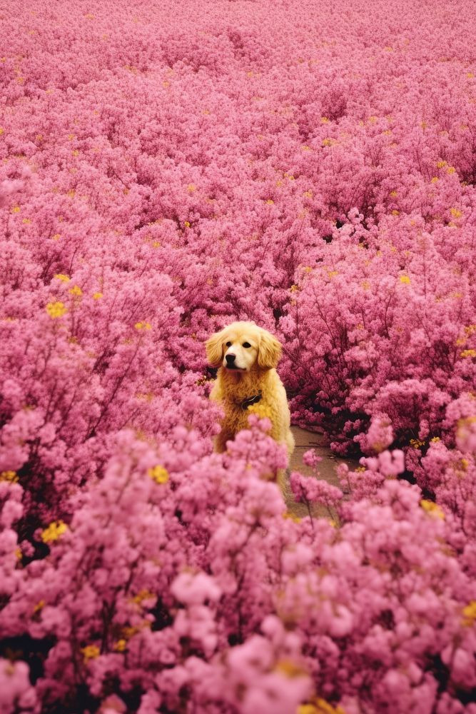 A happy dog flower field land.