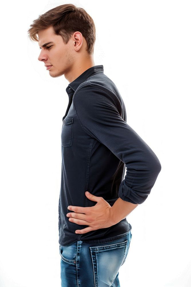 Man is holding his back with pain photo photography clothing.