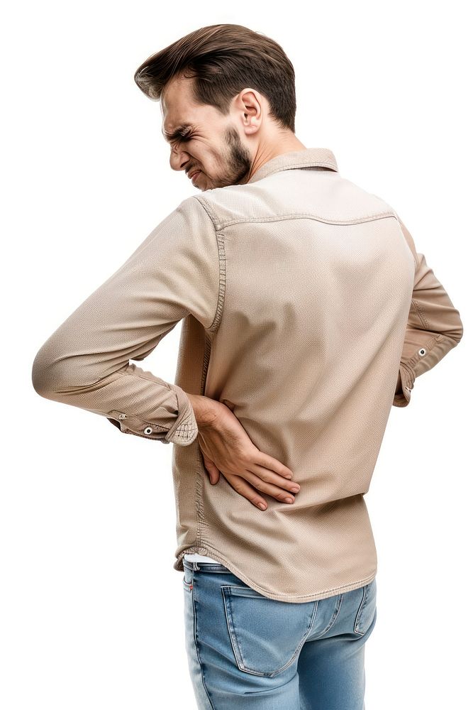 Man is holding his back with pain clothing apparel sleeve.