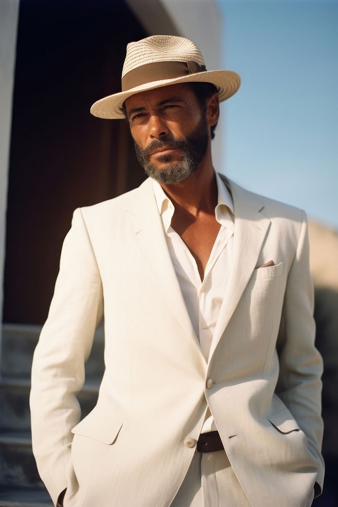 A mature affrican man wear white suit beachwear clothing.