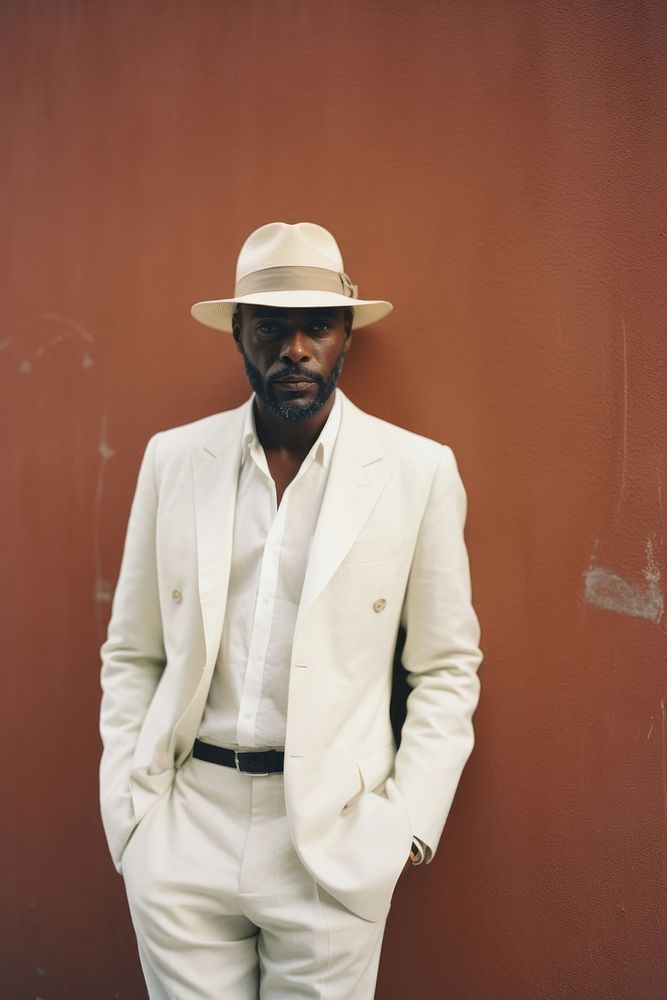 A mature affrican man wear white photography portrait suit.