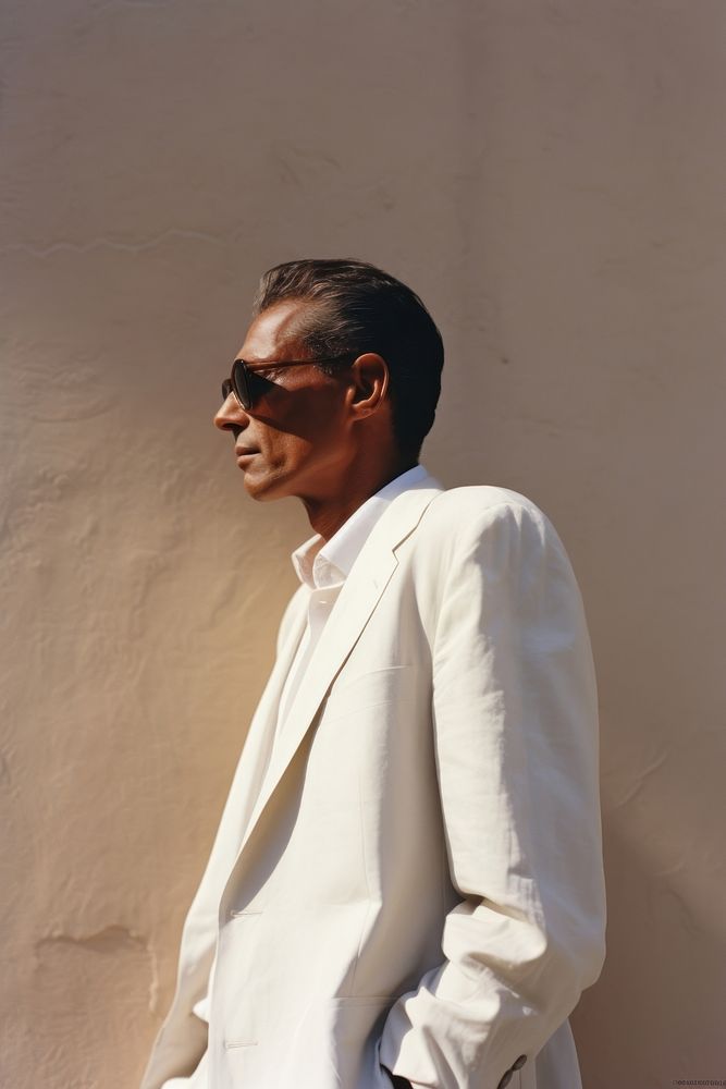 A mature affrican man wear white photography portrait suit.