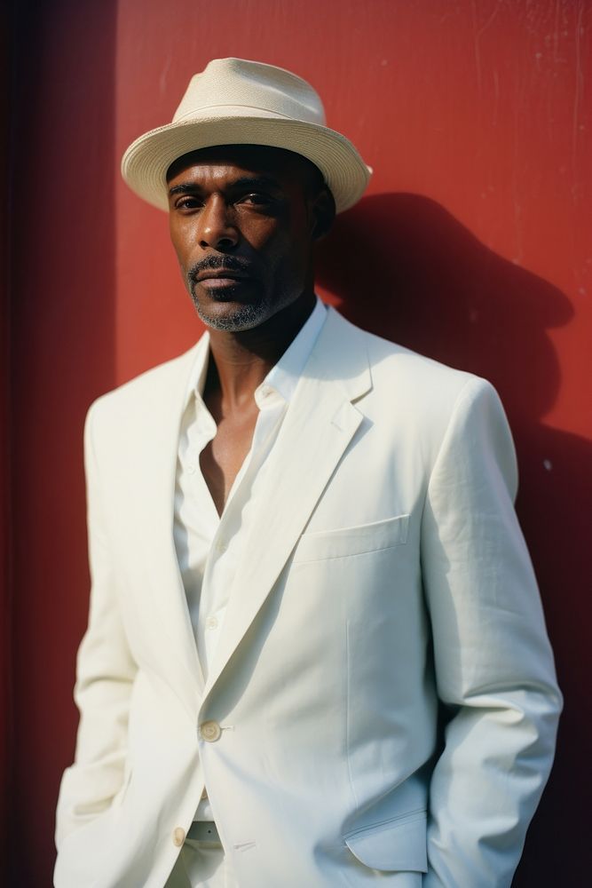 A mature affrican man wear white photography portrait suit.