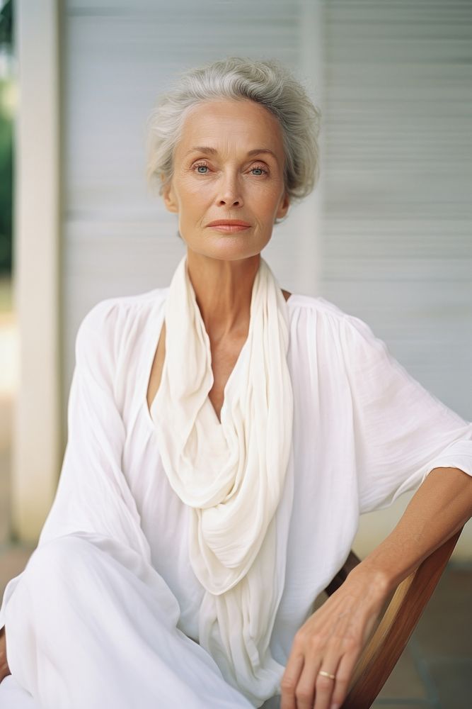 A mature woman wear white photography portrait person.