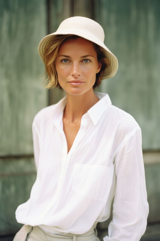 A mature woman wear white photography portrait clothing.