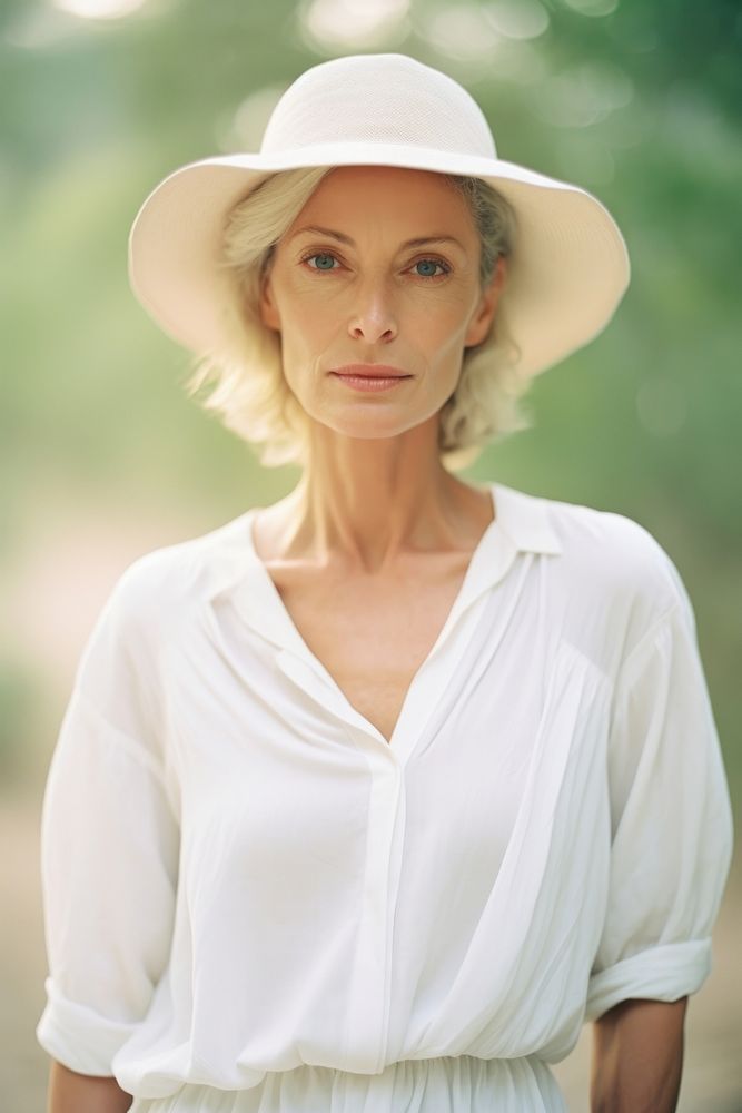 A mature woman wear white beachwear clothing apparel.