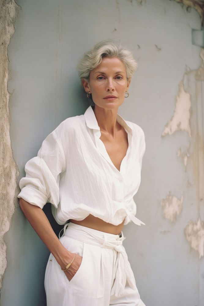 A mature woman wear white clothing apparel blonde.